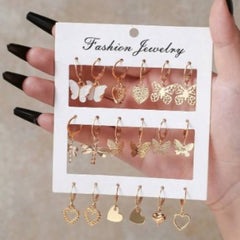 Gold Tone Dangle Earrings Set - 10 Pairs with Butterfly & Heart Motifs