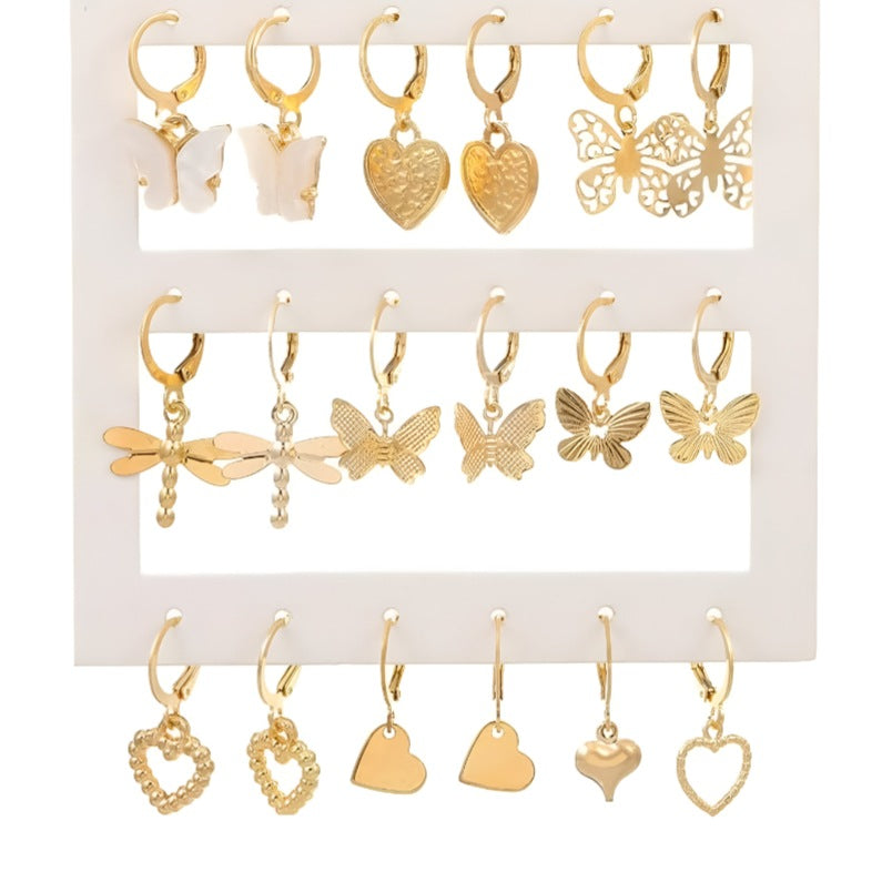 Gold Tone Dangle Earrings Set - 10 Pairs with Butterfly & Heart Motifs