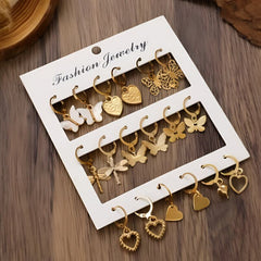 Gold Tone Dangle Earrings Set - 10 Pairs with Butterfly & Heart Motifs