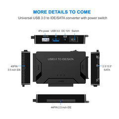 محول محرك الأقراص الصلبة SATA/IDE إلى USB 3.0 لمحول محرك الأقراص الصلبة العالمي 2.5/3.5 بوصة IDE SATA HDD SSD مع محول طاقة 12 فولت 2 أمبير