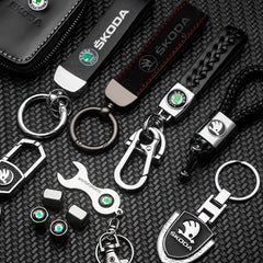 For Skoda 3 2 VRS Vision Kodiaq Favorit Rapid Octavia A5 3D Metal+Leather Car Logo Keychain Key Ring Key Chain Auto Accessories