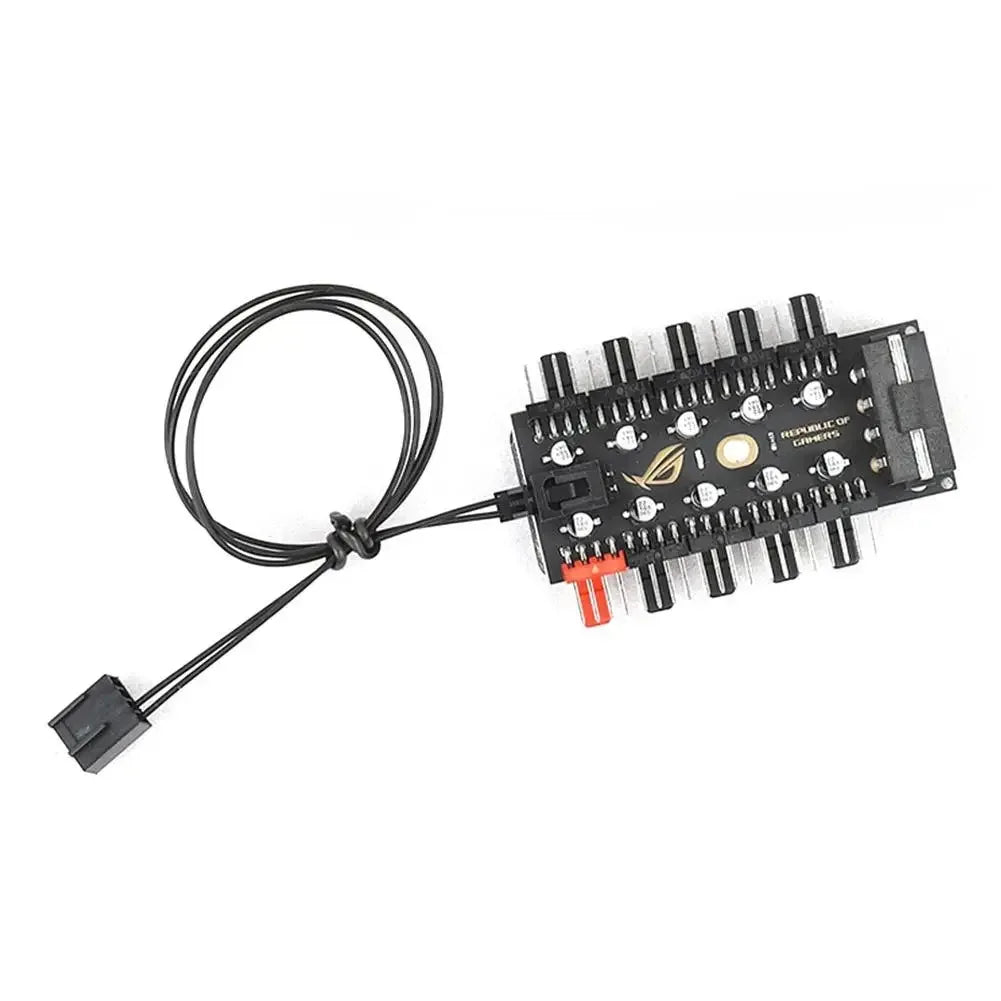 PWM 4-pin fan hub splitter with extension cable and multi-header PCB controller