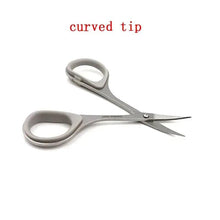 Curved-tip trimming scissors with gray finger loops and curved pointed blades
