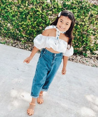 Fashion Baby Girl Cotton Tshirt Off Shoulder Candy Color Summer Child Short Blouse Puff Sleeve Crop Top Baby Clothes 1-7Y