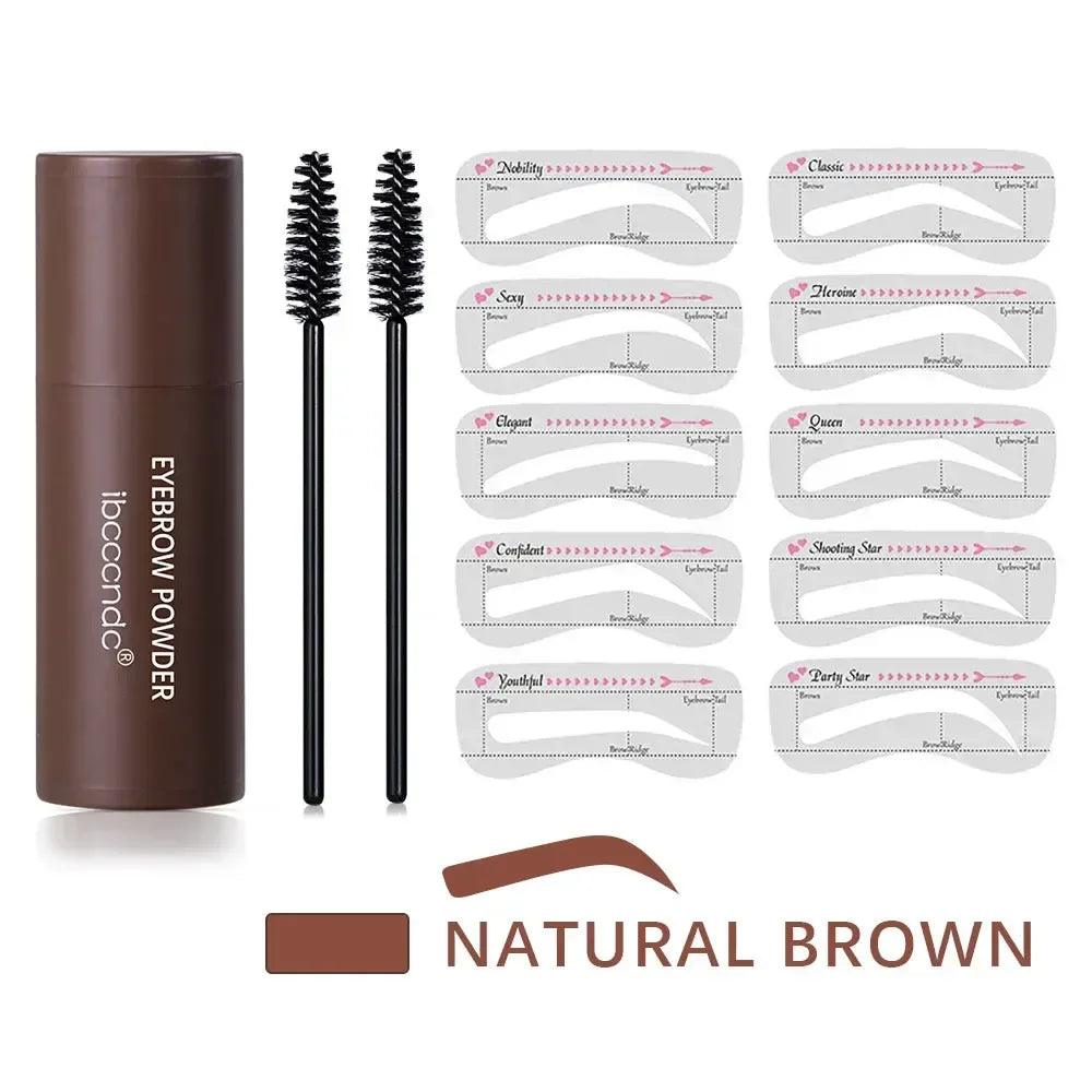 Eyebrow powder stamp set in Natural Brown with bottle, two brush pens, and multiple stencil shapes