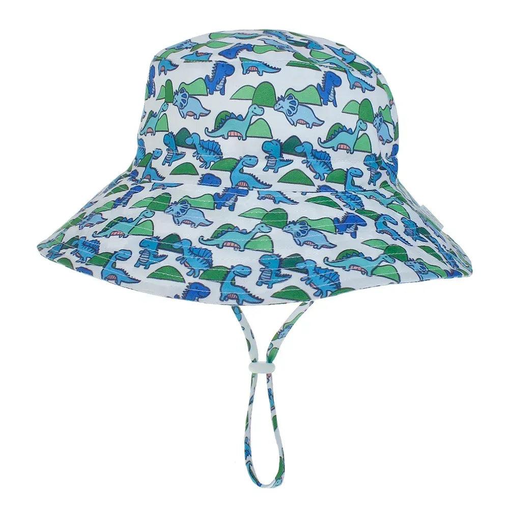 Blue and green dinosaur print baby sun hat with wide brim and chin tie