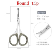 Round-tip facial hair scissors with silver blades and gray finger-loop handles