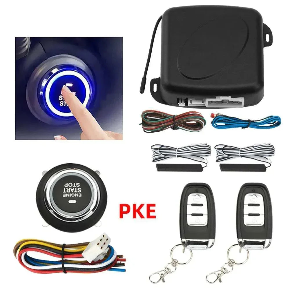 Car alarm remote kit with PKE key fobs, black control box, wiring, and LED start button