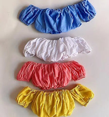 Fashion Baby Girl Cotton Tshirt Off Shoulder Candy Color Summer Child Short Blouse Puff Sleeve Crop Top Baby Clothes 1-7Y