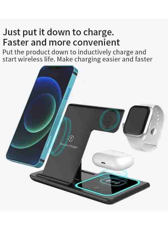 Versatile Foldable 3-in-1 15W Fast Wireless Charger for iPhone and Android Devices online in Dubai and UAE at Mumzar.com better value compared to Noon, Amazon.ae, Carrefour, and Dubizzle when you shop for adults and kids at Mumzar.com free delivery in Dubai, Abu Dhabi, Sharjah, Ajman, Umm Al Quwain, Fujairah, and Ras Al Khaimah.