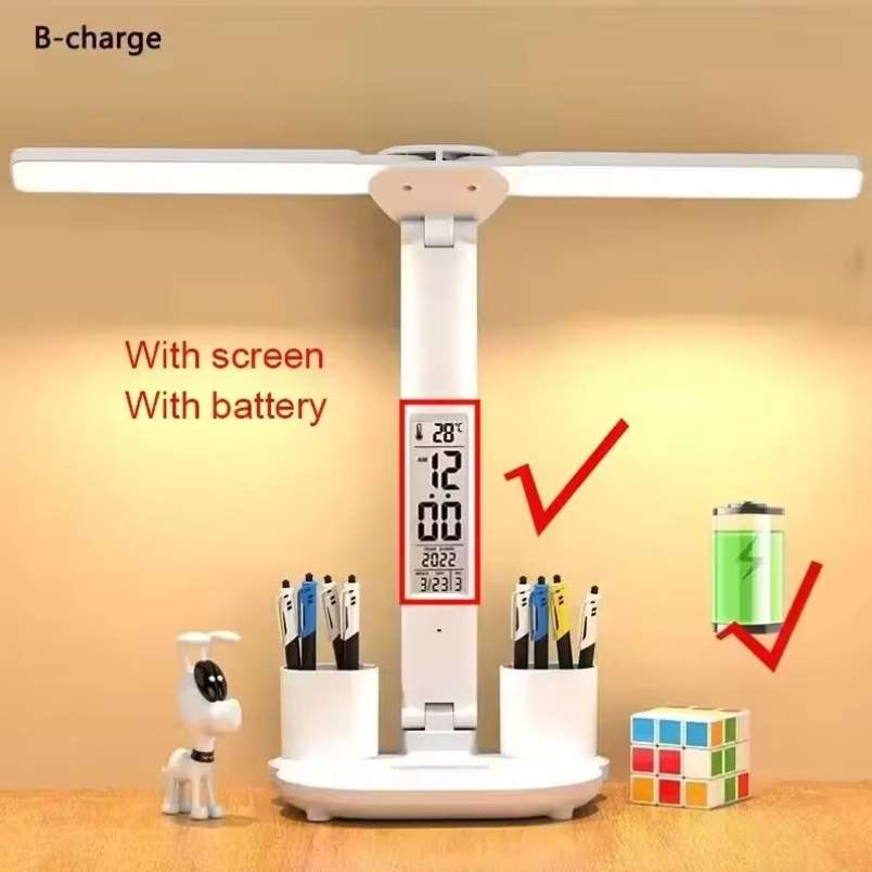Rechargeable LED Desk Lamp with Clock – Foldable & Dimmable Light for Eye Comfort