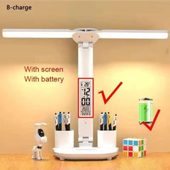 Rechargeable LED Desk Lamp with Clock – Foldable & Dimmable Light for Eye Comfort