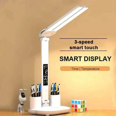 Rechargeable LED Desk Lamp with Clock – Foldable & Dimmable Light for Eye Comfort