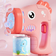 Rechargeable Bubble Gun for Kids Pink Dinosaur Design
