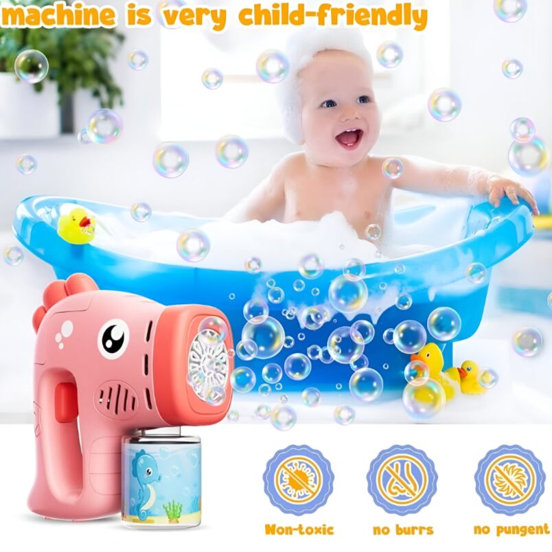 Rechargeable Bubble Gun for Kids Pink Dinosaur Design
