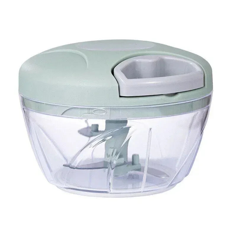 Green manual meat mincer garlic chopper with clear bowl and grey lid handle