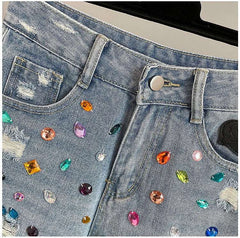 High Waist Loose Fit  Diamond Embellied Denim Five-Point Pants Summer New Sle Women's Trendy Hole Punch Jeans