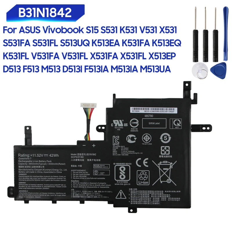 بطارية بديلة جديدة B31N1842 لجهاز ASUS Vivobook S15 S531 K531 V531 X531 S531FA S531FL S513UQ K513EA K531FA K513EQ K531FL D513