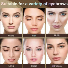 Eyebrow stencil style guide with six face thumbnails labeled Wave, Flat, Uplift, Long, Shor t, Ul trathick
