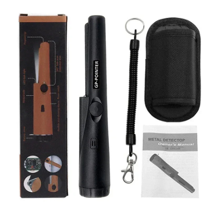 Black handheld metal detector pinpointer kit with box, strap lanyard, and pouch