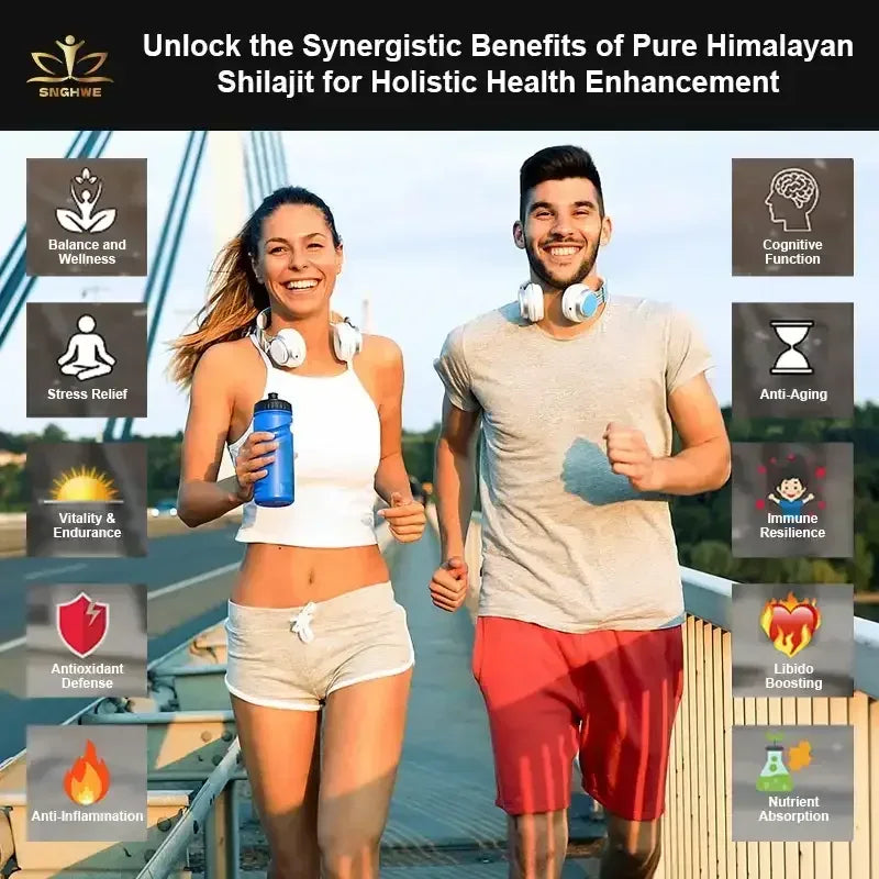 Shilajit capsules bottle shown on a benefits infographic panel