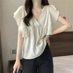 Ele Summer New Sle Women's irt Beautiful Soft Korean Sweet Fly Sve V-ne Top Polyester Fiber Casual Faion