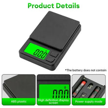 Digital pocket scale with dark top cover and backlit green LCD display