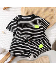 2Pcs Fashion Children Short Sleeve Shorts Sets Summer Kids Clothes Boys Baby Cotton Tee Pant Outfits Black and White Stripe