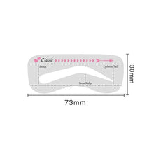 Eyebrow stencil strip labeled Classic with 73mm width and 30mm height marks