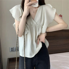 Ele Summer New Sle Women's irt Beautiful Soft Korean Sweet Fly Sve V-ne Top Polyester Fiber Casual Faion