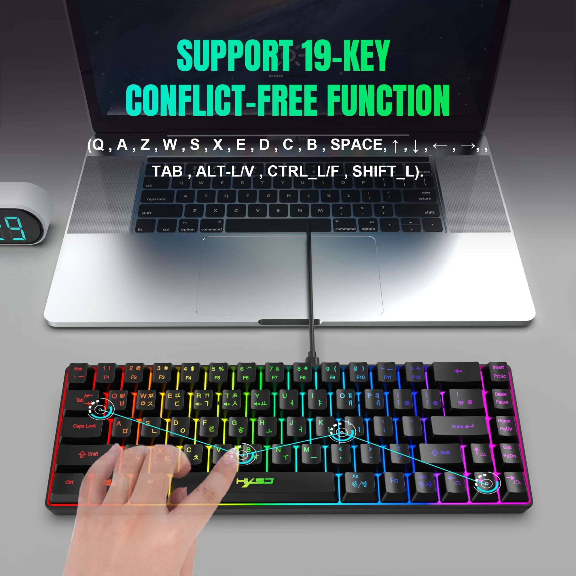 Portable HXSJ V200 68-key Korean gaming Keyboard, 65% RGB Backlit Wired office membrane Keyboard for Desktop PC and Laptops