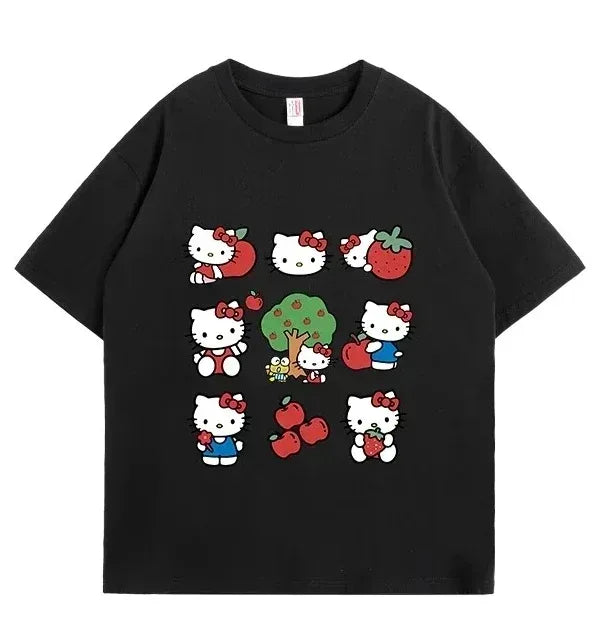 Hello Kitty Sanrio Fun Print Cotton T-Shirt Summer Cartoon Graphic Woman T-shirt Round Neck Plus Size Loose Casual Clothes - Mumzar