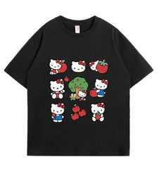 Hello Kitty Sanrio Fun Print Cotton T-Shirt Summer Cartoon Graphic Woman T-shirt Round Neck Plus Size Loose Casual Clothes