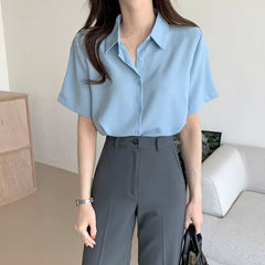 Ele Chiffon irt ort Sve Summer New Loose Collar  Ne White Top Women's Faion Commute Sle Straight Cut