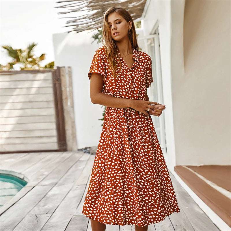 Polka Dot Short Sleeved Dress shirt Collar  Dress European and American Fashion Dress
