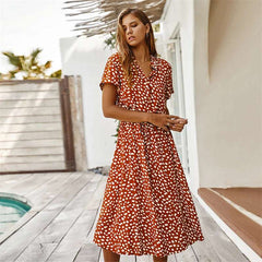 Polka Dot Short Sleeved Dress shirt Collar  Dress European and American Fashion Dress