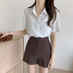 Ele Chiffon irt ort Sve Summer New Loose Collar  Ne White Top Women's Faion Commute Sle Straight Cut