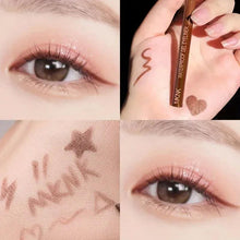 Waterproof matte brown eyeliner pen with brown swatches on skin and lined eyelids