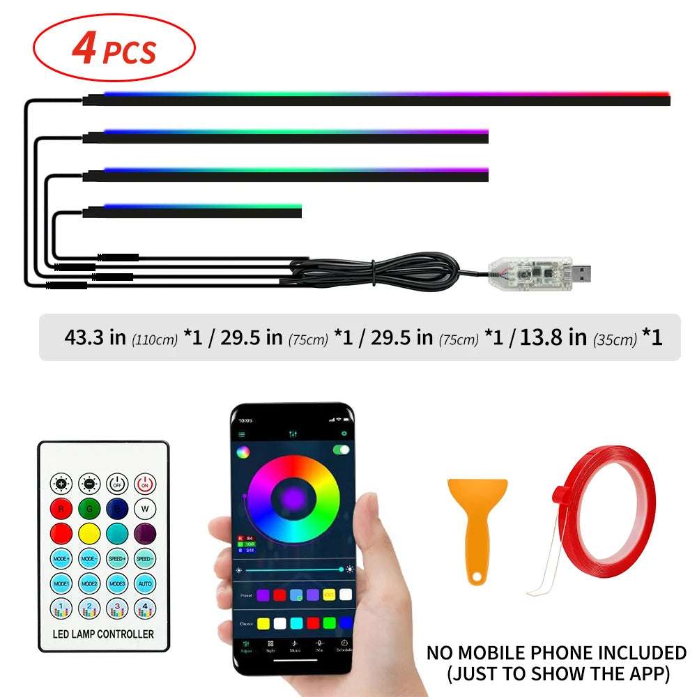Car LED Ambient Light 64 Color Acrylic Strips 110cm Full Colors RGB Car Interior Hidden App Remote Control Atmosphere Lamp