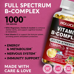 Vitamin B Complex Supplement - B1, B2, B3, B5, B6, B7, B8, B9, B12 with Vitamin C, Choline, Inositol - Energy, Brain & Heart