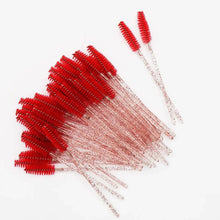 Disposable eyelash brush comb wands with red bristles and crystal clear handles