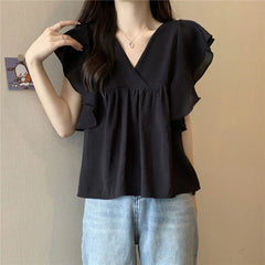 Ele Summer New Sle Women's irt Beautiful Soft Korean Sweet Fly Sve V-ne Top Polyester Fiber Casual Faion