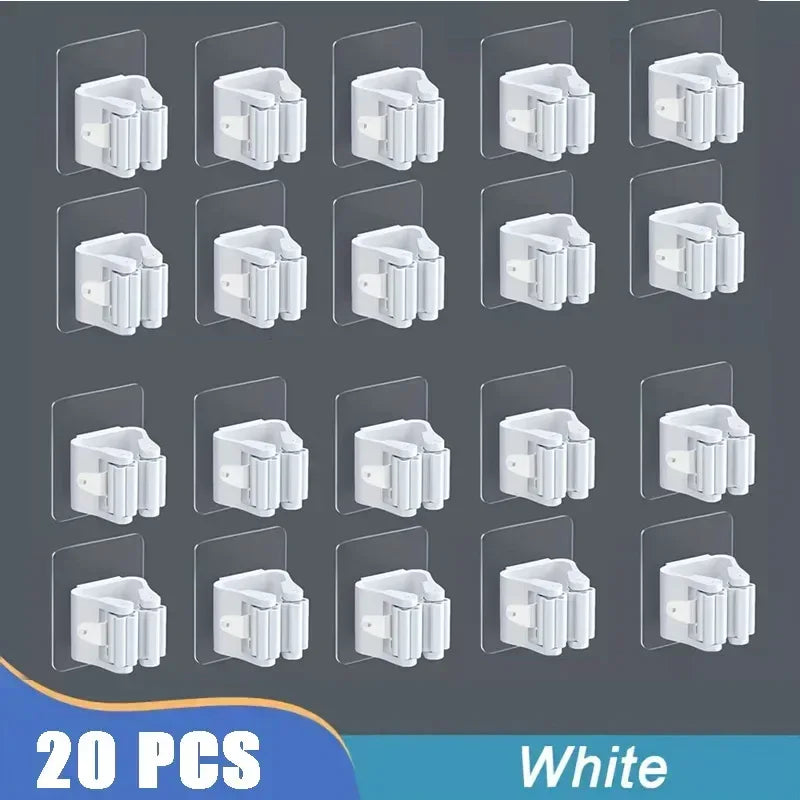 White self-adhesive mop and broom wall hook holder set, 20 pcs
