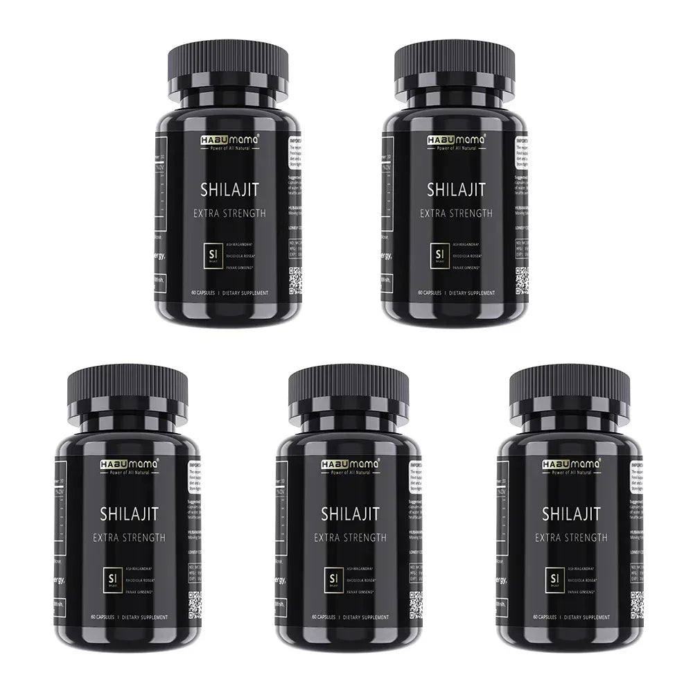 Five black Shilajit extra strength supplement bottles with ribbed caps
