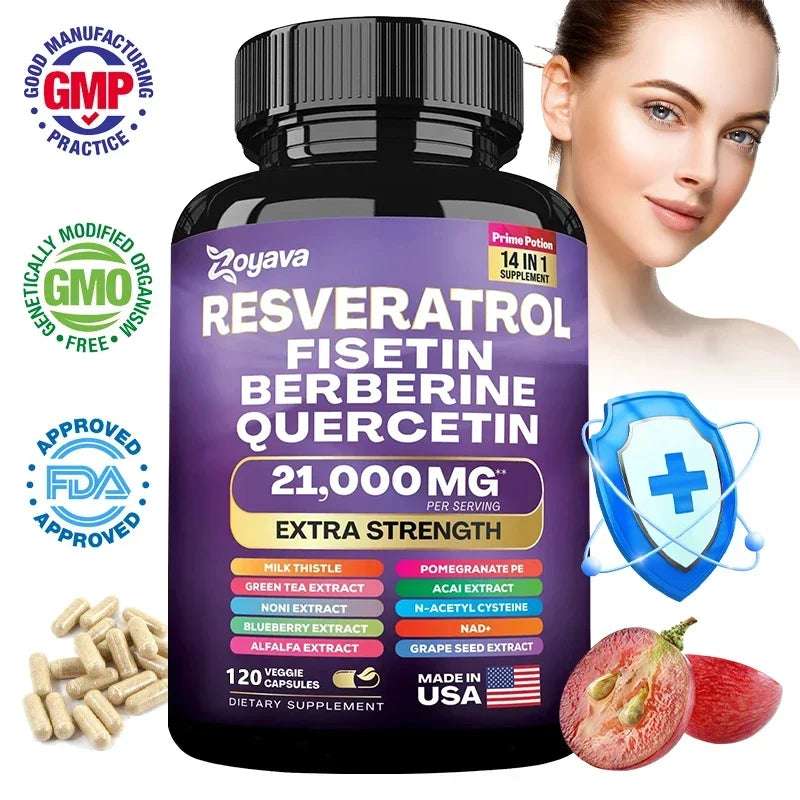 Resveratrol Supplement - Rich in NAD+ Milk Thistle, Berberine, Supports Immune System, Brain Function & Memory, Digestive Health