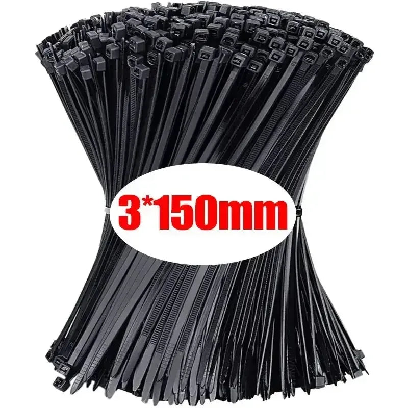Black nylon cable ties, self-locking loops, 3x150mm bundle for fastening cords