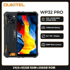 هاتف Oukitel WP32 pro الذكي المتين 6 بوصة عالي الدقة 24 جيجابايت + 256 جيجابايت 6300 مللي أمبير في الساعة ثماني النواة هاتف محمول 20 ميجابكسل هاتف محمول NFC
