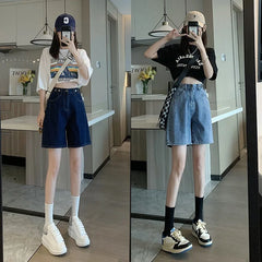 Deep Blue Denim orts Women's High Waist Straight Leg Five-Quarter Length Summer Casual Student Faion Hong Kong Sle Design