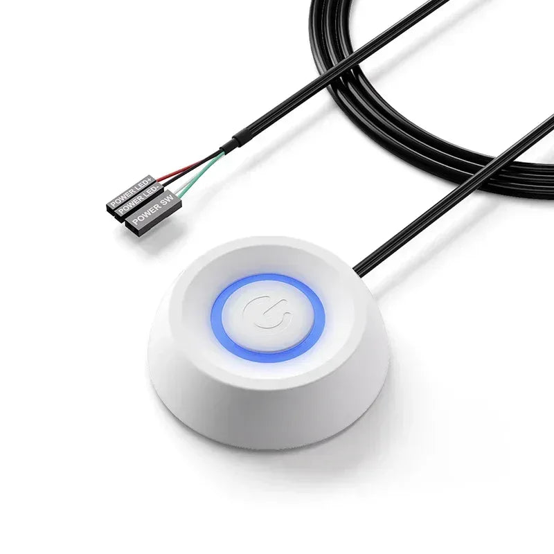 White desktop power button switch with blue LED ring and connected cable ends