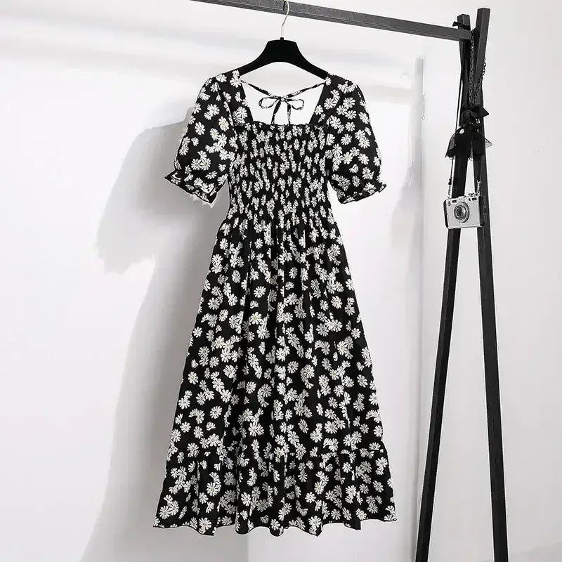 Black floral chiffon A-line dress with puff sleeves, elastic waist, tiered skirt